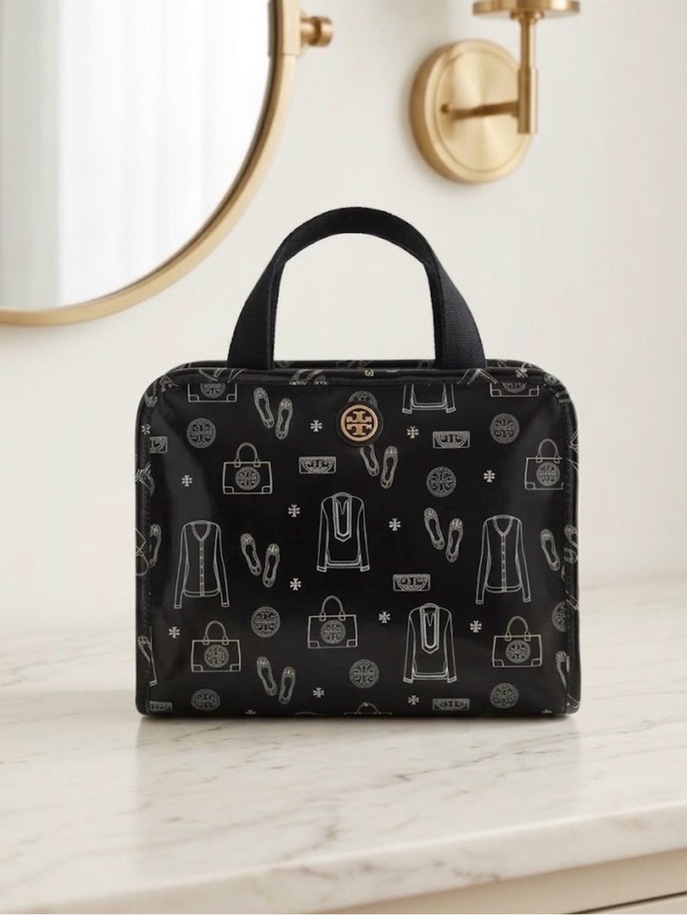 Tory Burch Black Printed Cosmetic Bag with Gold Logo